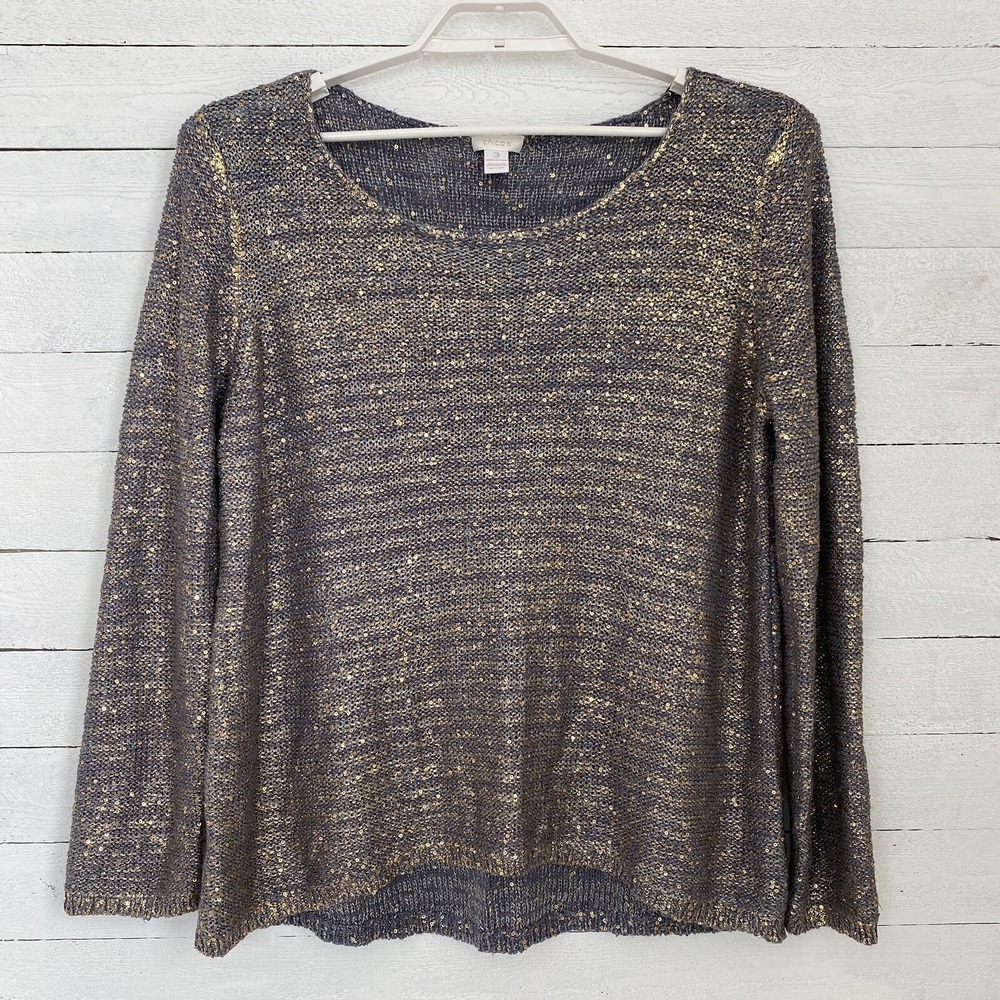 Chico's Womens Sweater 3 Long Sleeve Gray with Sequins Scoop Neck Loose‎ Fit